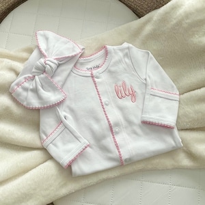 Premie Baby Girl Coming Home Outfit, Pink Trim Footie, Embroidered Footie with Bow, Monogrammed Footie, Personalized Pink Newborn Sleeper