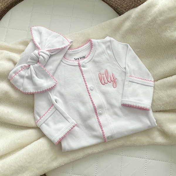 Premie Baby Girl Coming Home Outfit, Pink Trim Footie, Embroidered Footie with Bow, Monogrammed Footie, Personalized Pink Newborn Sleeper