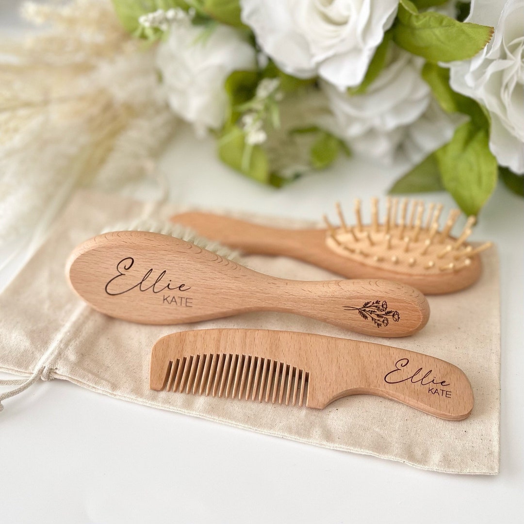 Personalized Baby Hair Brush Set Engraved Wood Brush Unisex Etsy