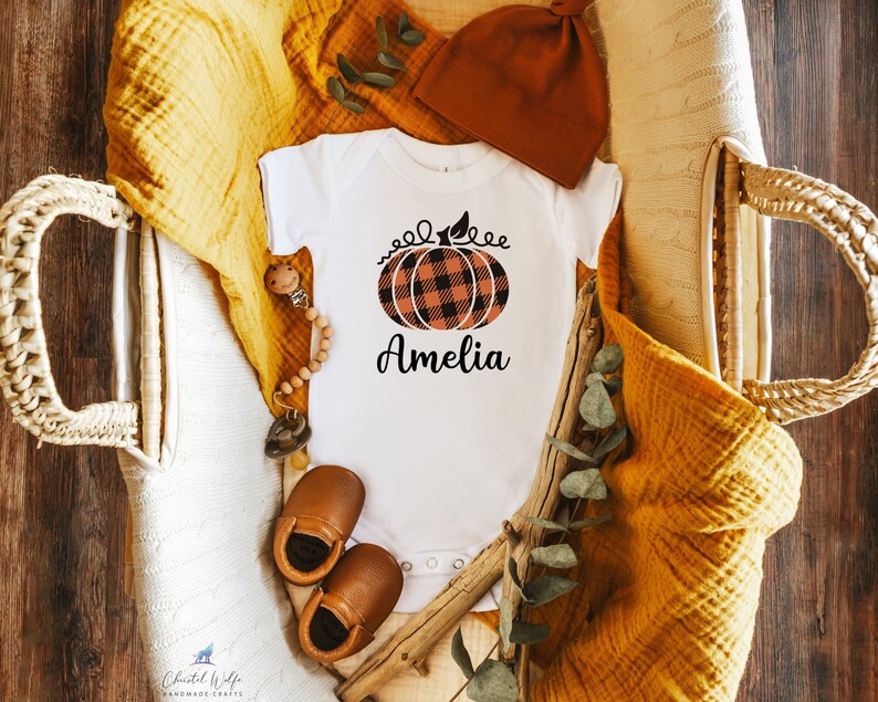 Halloween Pumpkin Onesies\u00ae Fall Onesies\u00ae Personalized Pumpkin Bodysuit Fall Baby Clothes Gifts for Newborn Boy or Girl Orange Plaid