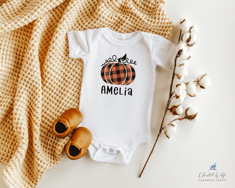 Halloween Pumpkin Onesies\u00ae Fall Onesies\u00ae Personalized Pumpkin Bodysuit Fall Baby Clothes Gifts for Newborn Boy or Girl Orange Plaid