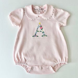 Newborn Girl Going Home Outfit, Personalized Baby Girl Bubble Romper, Embroidered Flower Pink Bodysuit, Cute Baby Shower Gift, Spring Outfit