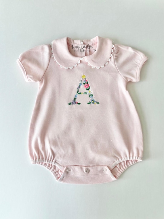 Newborn Girl Going Home Outfit, Personalized Baby Girl Bubble Romper, Embroidered Flower Pink Bodysuit, Cute Baby Shower Gift, Spring Outfit