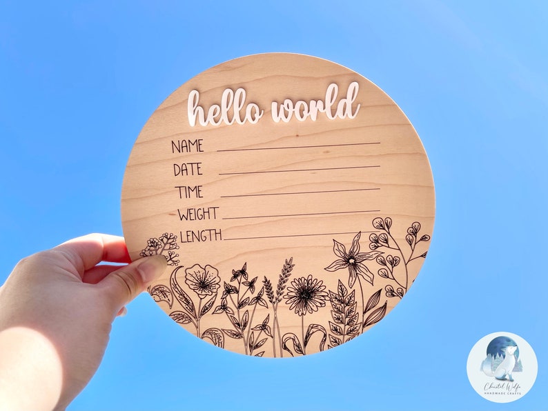 Baby Shower Gifts Hello World Wildflowers Round Wooden Baby Name Sign for Newborn Infant Floral Birth Announcement Girl Nursery Decor