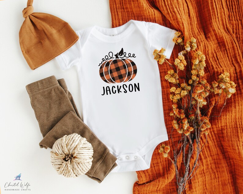 Halloween Pumpkin Onesies\u00ae Fall Onesies\u00ae Personalized Pumpkin Bodysuit Fall Baby Clothes Gifts for Newborn Boy or Girl Orange Plaid