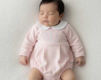 Personalized Baby Girl Romper: Pink Cotton Bubble Outfit, Embroidered Monogram