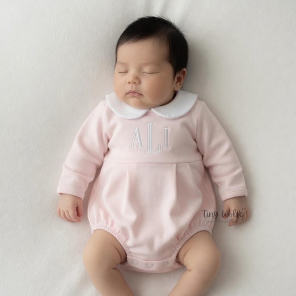 Personalized Baby Girl Romper: Pink Cotton Bubble Outfit, Embroidered Monogram