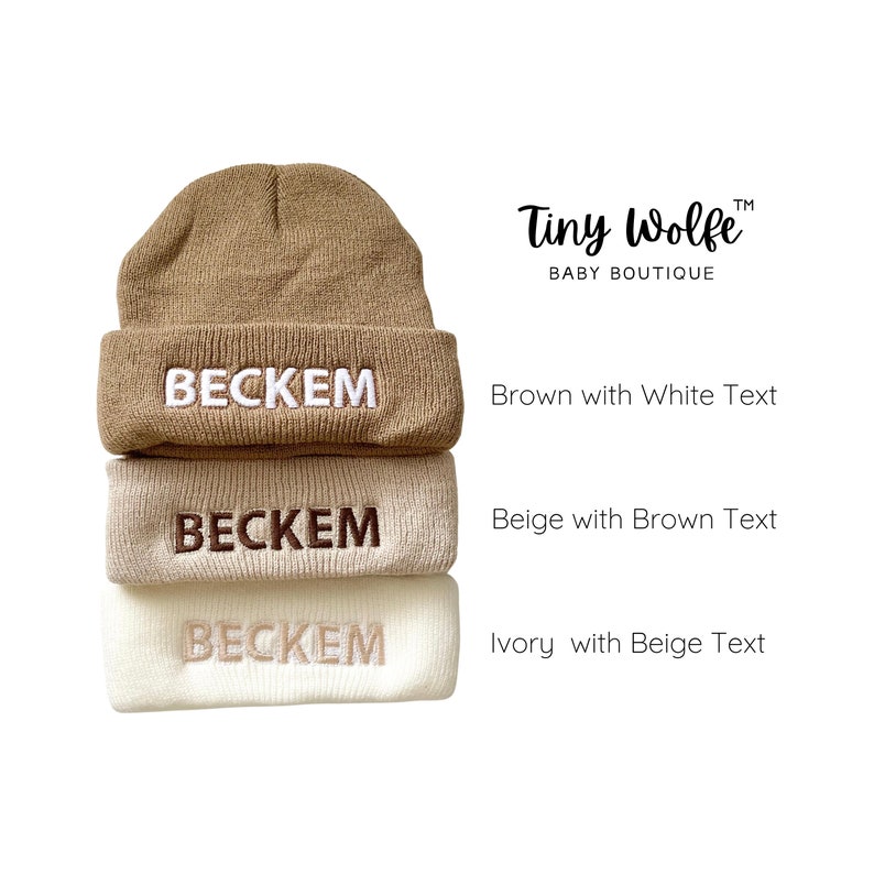 Three color options of beanies: ivory, beige, and brown.