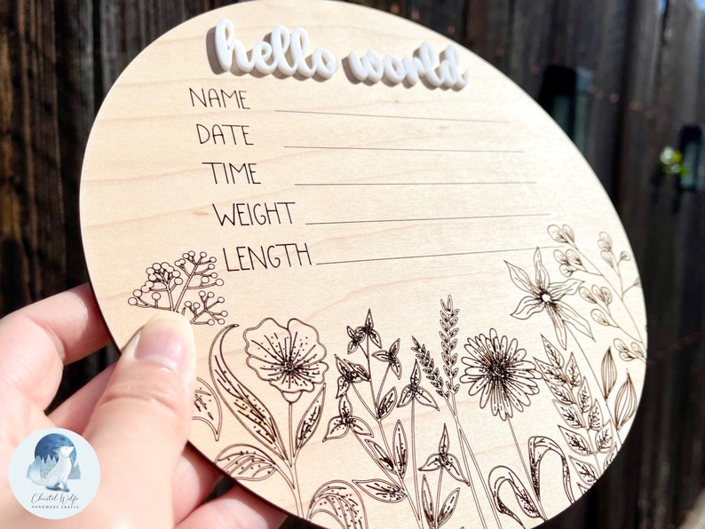 Baby Shower Gifts Hello World Wildflowers Round Wooden Baby Name Sign for Newborn Infant Floral Birth Announcement Girl Nursery Decor