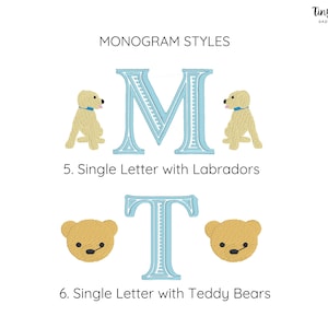 May include: An image showcasing monogram styles with the text "MONOGRAM STYLES". The image features the letter "M" with Labrador illustrations and the letter "T" with teddy bear illustrations. The text "Tiny Wolfe BABY BOUTIQUE" is in the upper right corner.