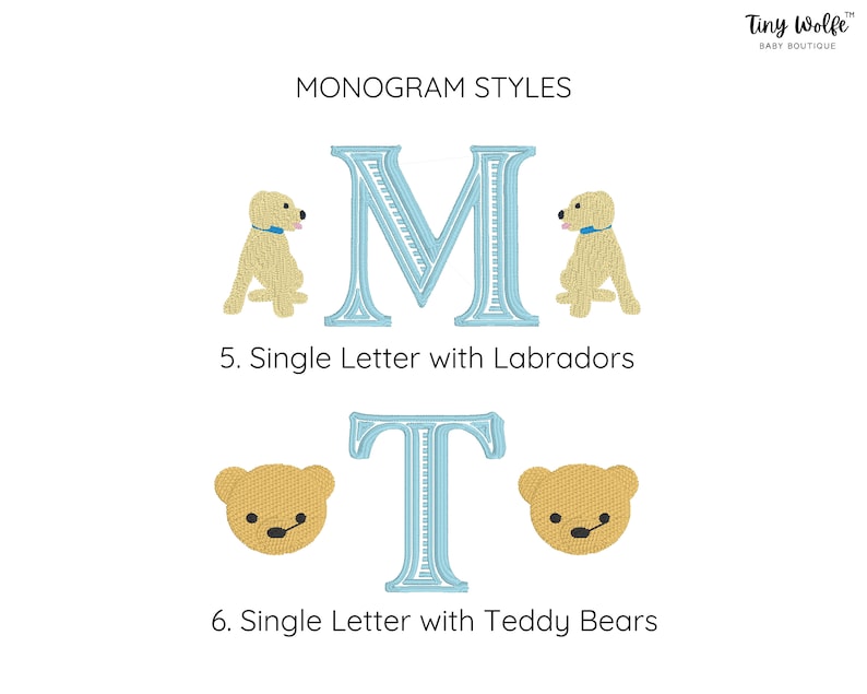 May include: An image showcasing monogram styles with the text "MONOGRAM STYLES". The image features the letter "M" with Labrador illustrations and the letter "T" with teddy bear illustrations. The text "Tiny Wolfe BABY BOUTIQUE" is in the upper right corner.