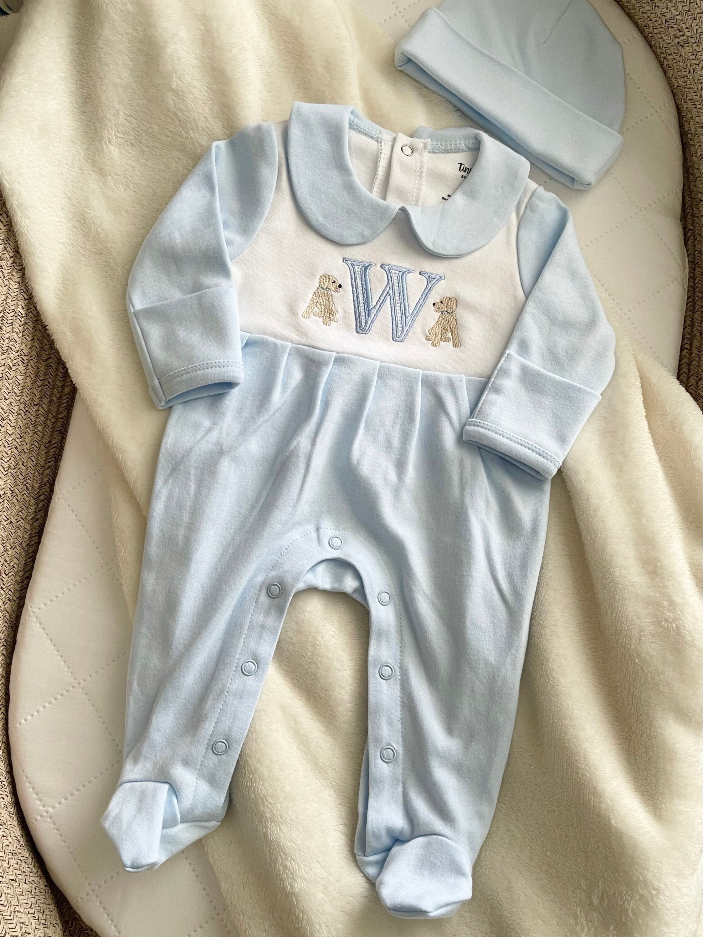 Baby Boy Coming Home Outfit, Embroidered Footie with Hat, Personalized Monogram, Monogrammed Footie, Cute Baby Shower Gift for Newborn Boy
