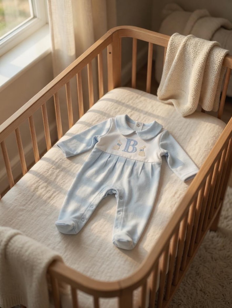 May include: A light blue baby romper with a white collar and the letter "B" embroidered on the chest. The romper features a striped pattern and is placed in a wooden crib with a cream-colored blanket.