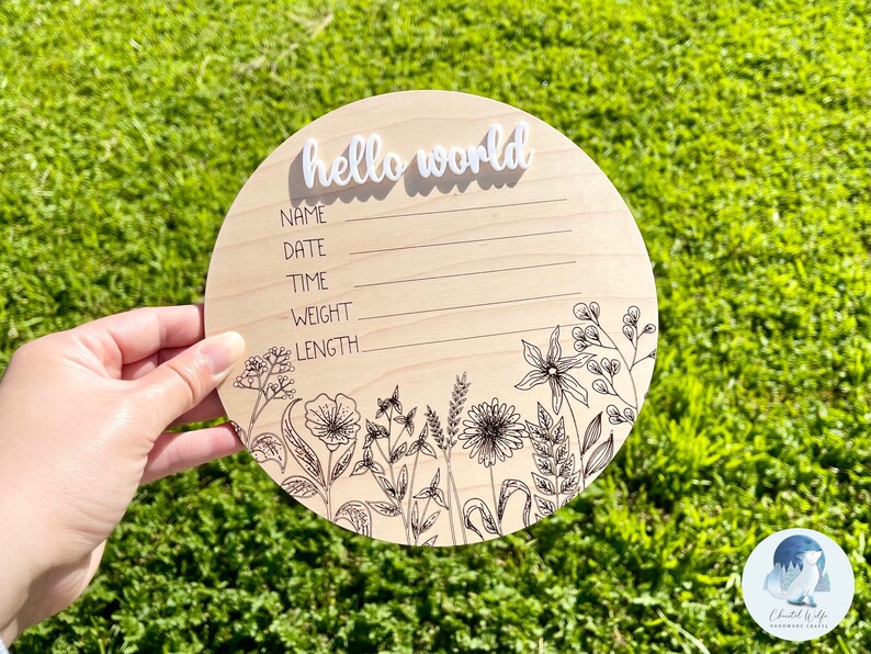 Baby Shower Gifts Hello World Wildflowers Round Wooden Baby Name Sign for Newborn Infant Floral Birth Announcement Girl Nursery Decor