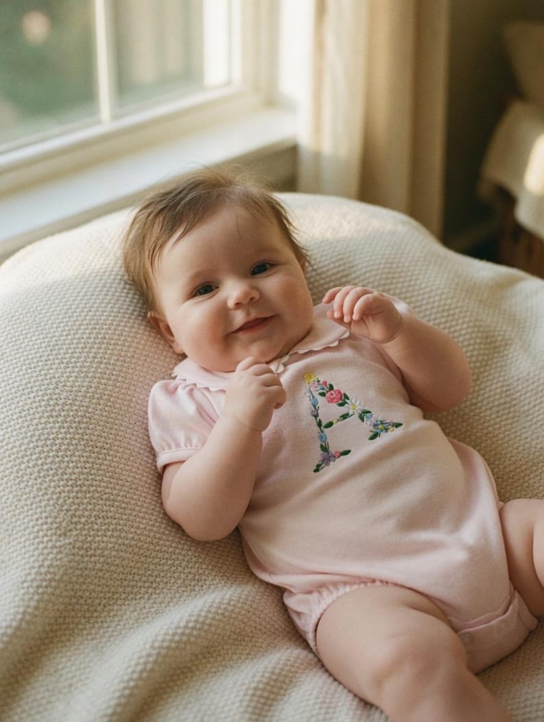 May include: A baby wearing a light pink onesie with a floral embroidered letter "A" on the front. The onesie has a Peter Pan collar and short sleeves. The baby is lying on a cream-colored blanket.