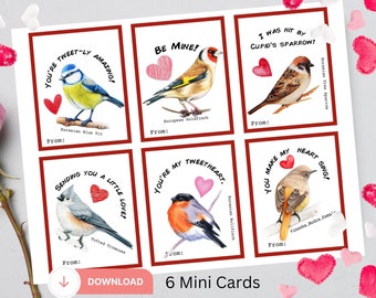 6 Mini Bird Valentine Card, Card for Classroom, Card for Kid, Valentine's Day Party, Kid Valentines Card, School Valentines, Bird Card, Tag