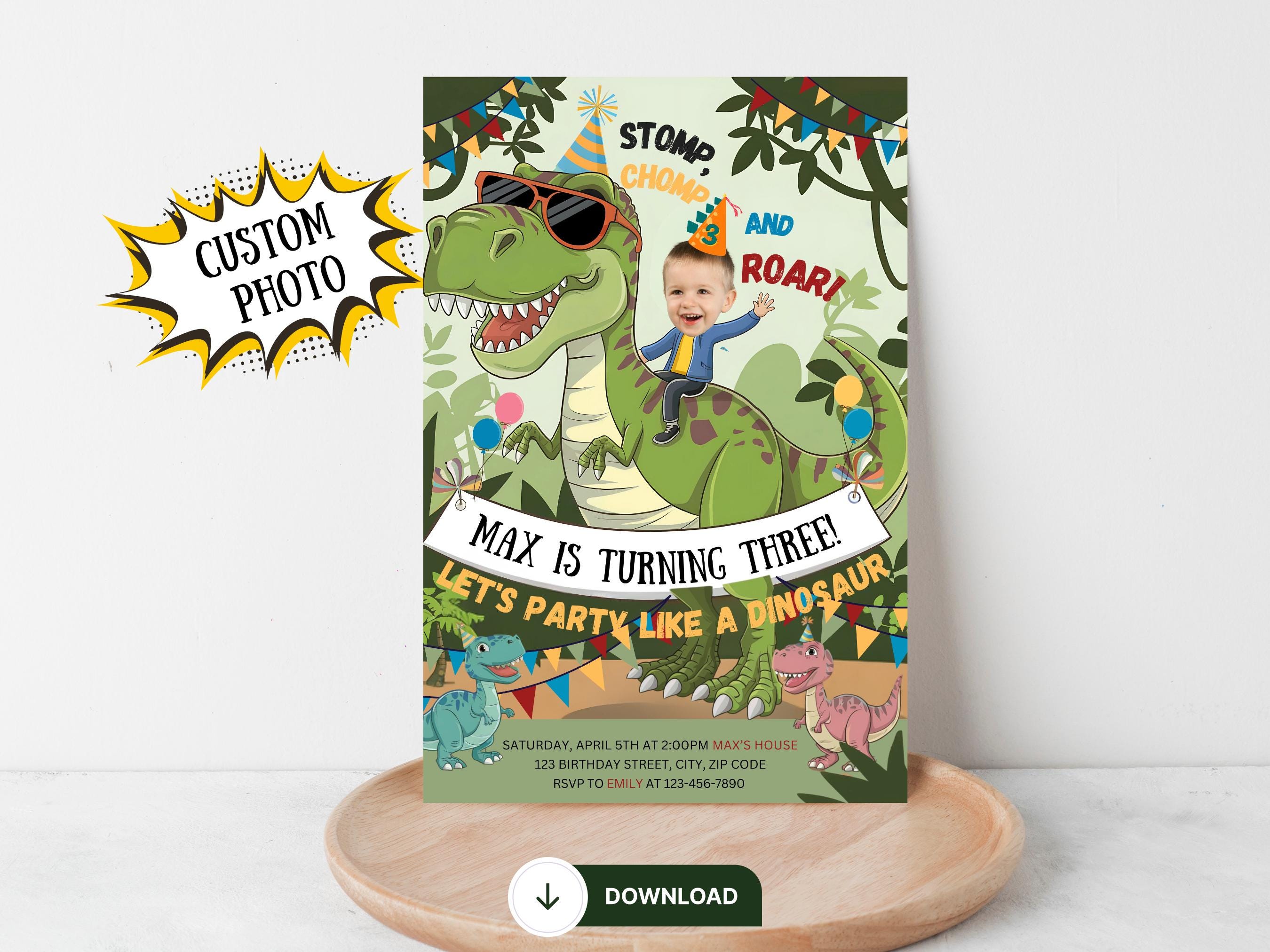 Digital Dinosaur Boy Birthday Invitation, Custom Kid Photo Bday Invite, Printable Dino Birthday, Dino Party Invite, Bday Dinosaur Invitation