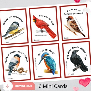 6 Mini carte de Saint-Valentin oiseau, carte pour salle de classe, carte pour enfant, fête de la Saint-Valentin, carte de Saint-Valentin pour enfant, Saint-Valentin d'école, carte oiseau, étiquette