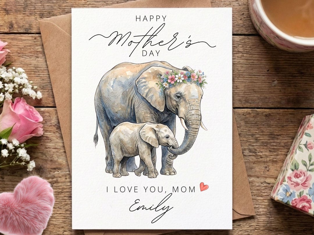 Personalized Mothers Day Card – Watercolor Elephant and Baby – Gift for ...