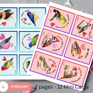 12 mini-carte de Saint-Valentin oiseau, carte pour salle de classe, carte pour enfant, fête de la Saint-Valentin, carte de Saint-Valentin pour enfant, Saint-Valentin d'école, carte oiseau, étiquette