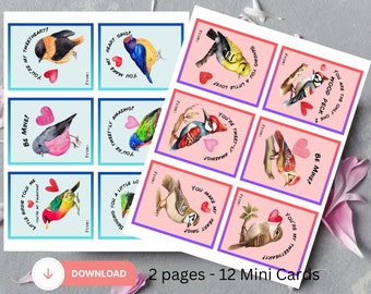 12 Mini Bird Valentine Card, Card for Classroom, Card for Kid, Valentine's Day Party, Kid Valentines Card, School Valentines, Bird Card, Tag