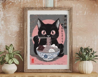 May include: A black cat with pink ears and a pink nose is eating ramen from a blue and white bowl. The cat is sitting on a pink background with Japanese text that says "手打ちそば  を いただきました" which translates to "I had hand-cut soba noodles".