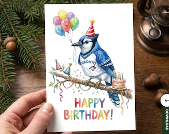Blue Jay Birthday Card Printable, Watercolor Baseball Bird Art, Cute Bird with Balloons and Cake, Sports Fan Birthday Card, Digital Download