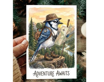 Adventure Awaits Card Printable, Watercolor Blue Jay Hiking Art, Travel Greeting Card, Wanderlu, Outdoor Lover Gift, Digital Download