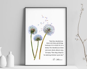 Dandelion Wish Quote, Printable Dandelion Wall Art, Dandelion Decor, Motivational Print, Positivity Quote Gift, Dandelion Lover Gift for Mom