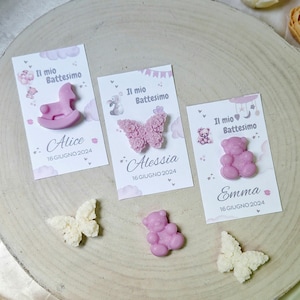 CARTONCINO segnaposto con TART farfallina, cavallino, auto, orsetto per Battesimo