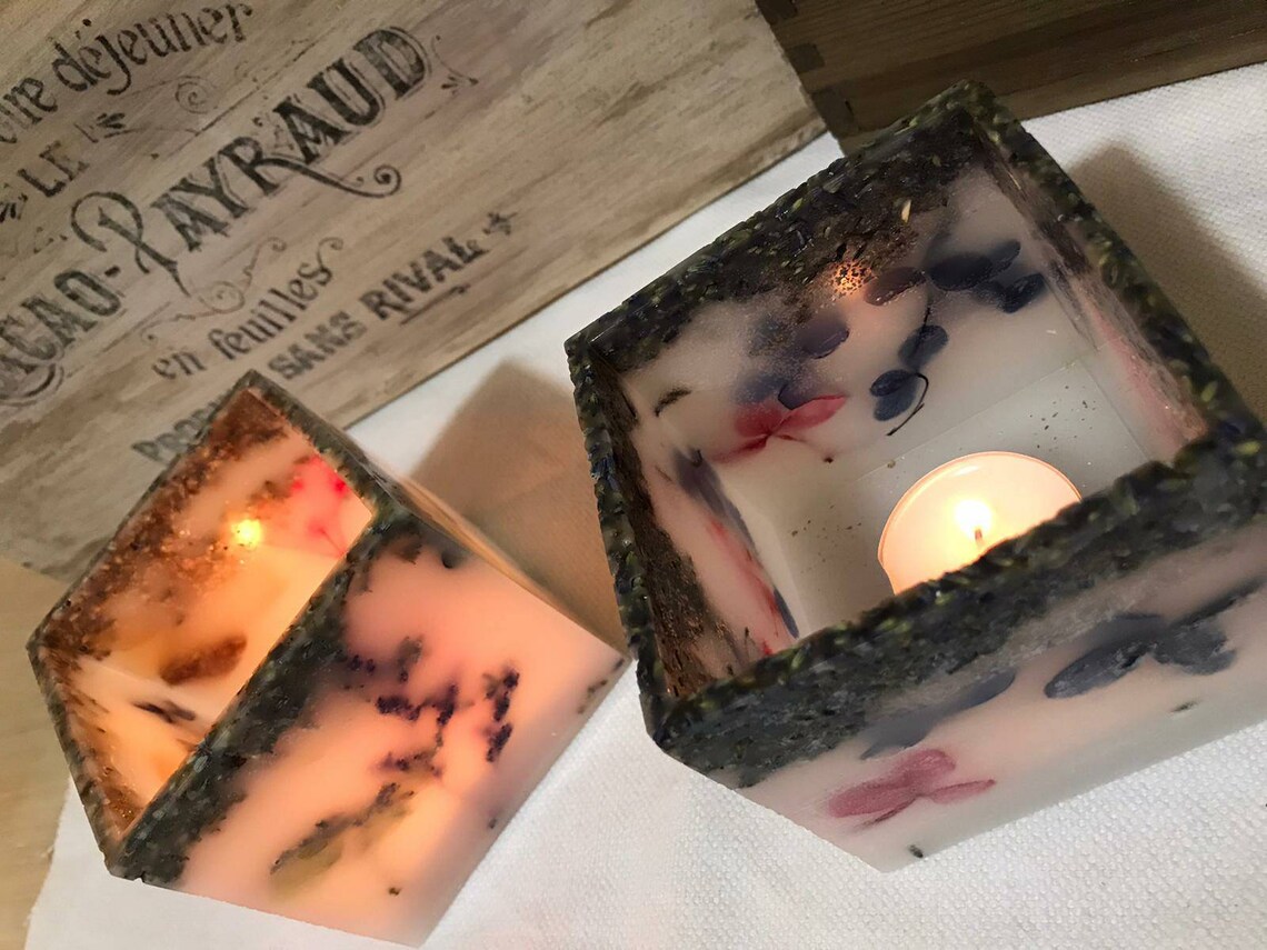 Wax candle holder lantern decorated with lavender flowers and Etsy