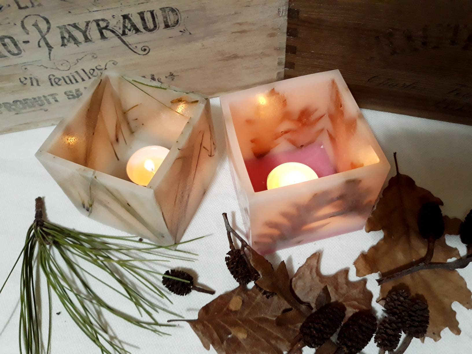 Wax candle holder lantern decorated with maple leaves for Etsy