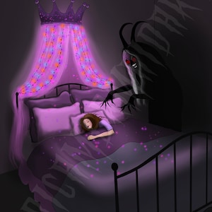 May include: A young girl sleeps peacefully in a bed with a purple canopy and string lights. A shadowy figure with horns and glowing red eyes lurks in the darkness behind the bed.
