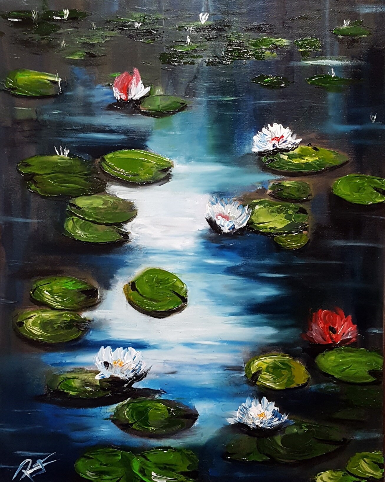Water Lilies at night. Original one of a kind oil painting by Etsy
