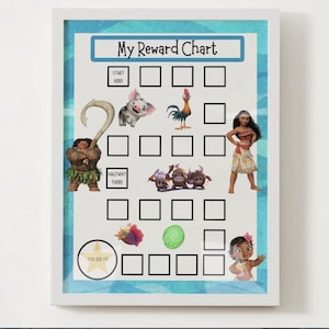 May include: A framed reward chart with a blue border and white background featuring the text My Reward Chart. The grid includes illustrations of characters from Moana, including Maui, Pua, Heihei, Moana, and Kakamora, with boxes labeled Start Here, Halfway There, and You Did It.