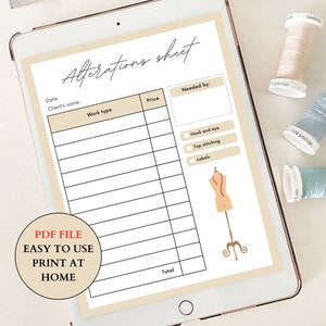 Tailor Alterations form printable sheet, Fashion Business template for Tailor Seamstress Designer Shop Sewing class, Teacher handout pdf