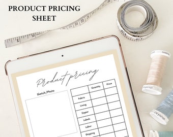 Product Pricing template handmade fashion, accessories, printable sheet for Designer, Tailor, Seamstress, Sewing class, Teacher handout