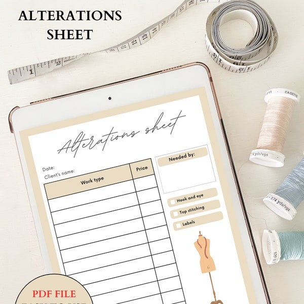 Alterations Tailoring printable sheet, Fashion Business template for Tailor, Seamstress, Sewing class,  Teacher handout