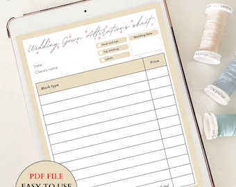 Wedding Bridal Gown Alterations Tracker Sheet (PDF Download)