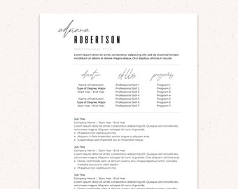 May include: A black and white resume template with the name Adriana Robertson at the top. The resume includes sections for education, skills, and programs. The text "Professional Title" is at the top of the page.