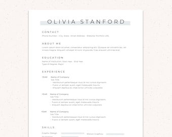 May include: A black and white resume template with the name Olivia Stanford at the top. The resume includes sections for contact information, about me, education, experience, and skills.