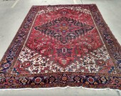 Antique 9X11 Heriz Area Rug - Circa 1920 - Pale Red Hand-Knotted Wool Carpet