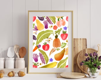 Impression A3 PRINTEMPS, illustrations de légumes, de fleurs et de fruits, impression d'art et belle impression aquarelle. De la collection saisonnière