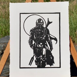 Handmade Linocut Print of Star Wars Mandalorian - 8.5&quot;x11&quot; - Fine Art for Sci-Fi Collectors and Home Decor For the Star Wars Fan, Mando