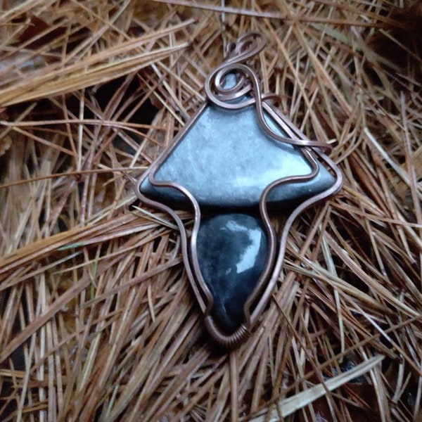 Double Silver Obsidian and Copper Wirewrap Pendant