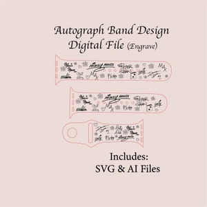 May include: A digital file design for an engraved watch band featuring a variety of signatures, including Mickey Mouse, Minnie Mouse, and Pluto. The design includes snowflakes and hearts. The text "Includes: SVG & AI Files" is at the bottom of the image.