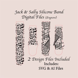 May include: Two digital design files for a silicone band featuring Jack Skellington and Sally from The Nightmare Before Christmas. The designs include a pattern of Jack Skellington's face and a patchwork design inspired by Sally's clothing. The files are available in SVG and AI formats.