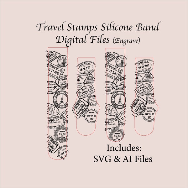 Travel Stamps Watchband File, SVG, Digital Cut File, Band Design, Laser Engraved, Watch Band, Unique, glowforge tested