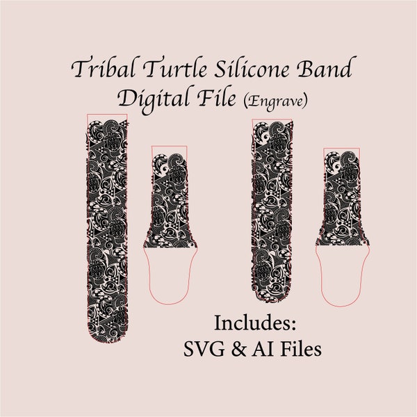 Hand-drawn Tribal Turtle Watchband File, SVG, Digital Cut File, Band Design, Laser Engraved, Watch Band, Unique, glowforge tested