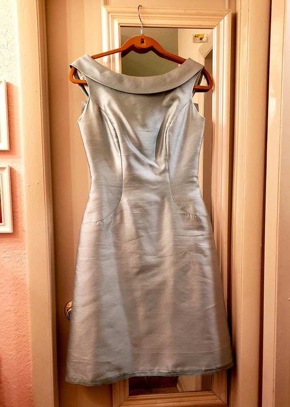 1960 Will Steinman blue green dress, 28 waist, boa